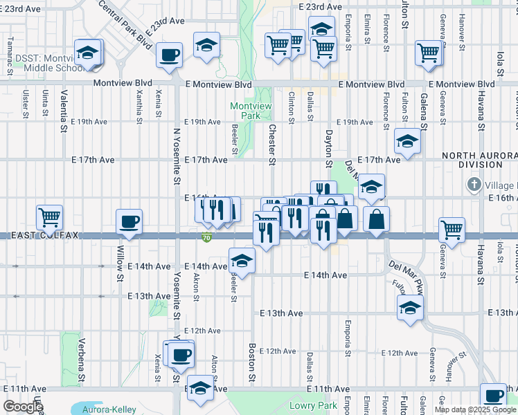 map of restaurants, bars, coffee shops, grocery stores, and more near 1533 Boston Street in Aurora
