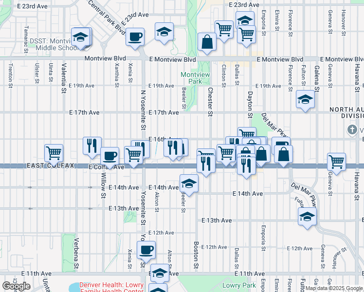 map of restaurants, bars, coffee shops, grocery stores, and more near 1517 Beeler Street in Aurora
