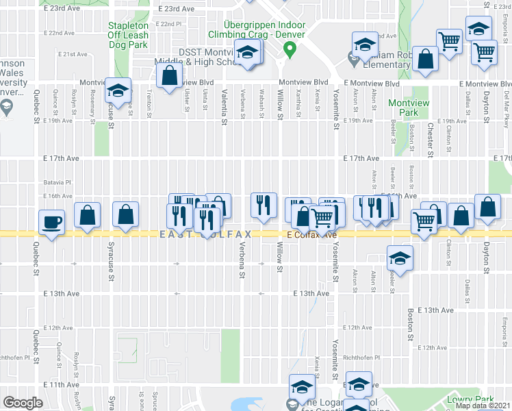 map of restaurants, bars, coffee shops, grocery stores, and more near 1524 Wabash Street in Denver