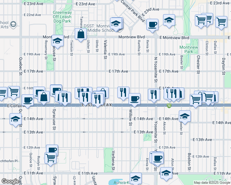map of restaurants, bars, coffee shops, grocery stores, and more near 1543 Verbena Street in Denver