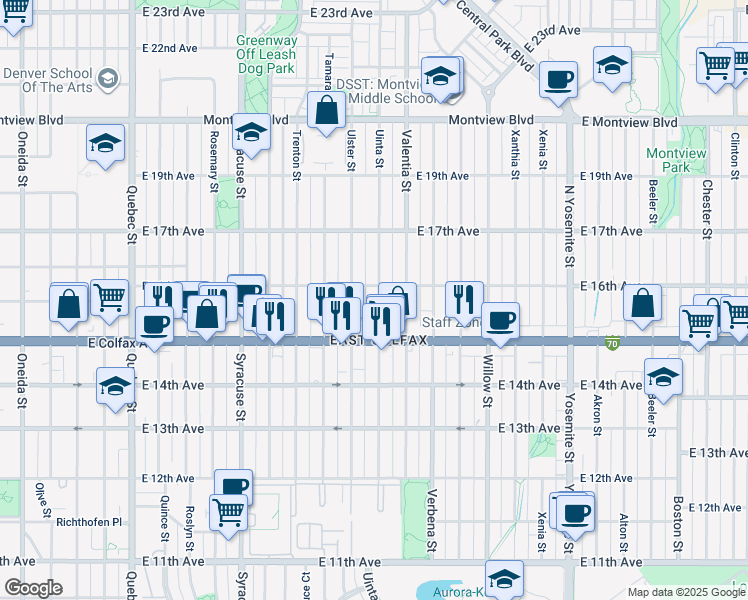 map of restaurants, bars, coffee shops, grocery stores, and more near 1538 Ulster Street in Denver