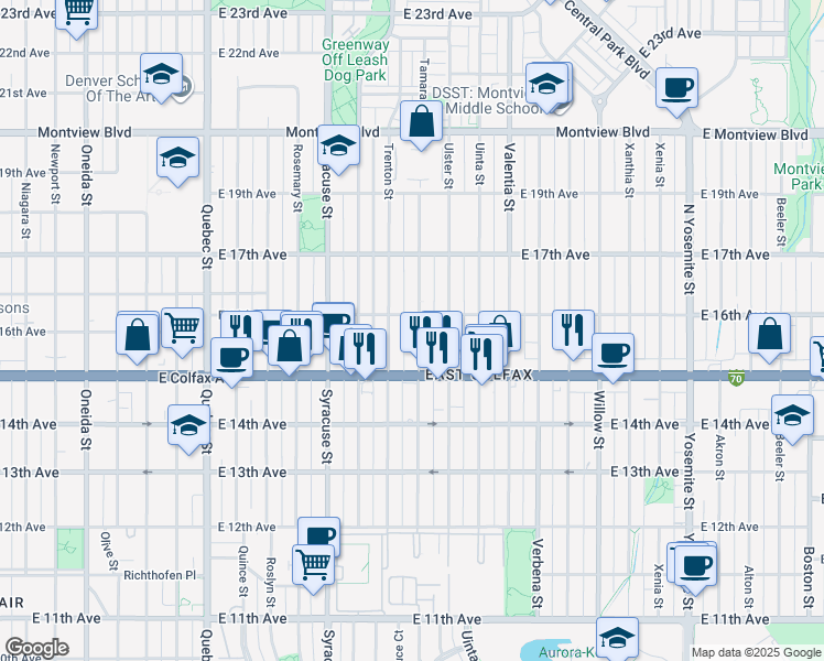 map of restaurants, bars, coffee shops, grocery stores, and more near 1540 Tamarac Street in Denver