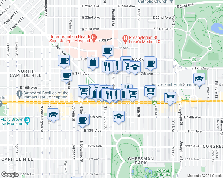 map of restaurants, bars, coffee shops, grocery stores, and more near 1544 Franklin Street in Denver
