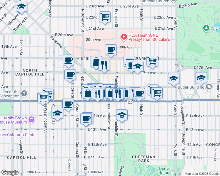 map of restaurants, bars, coffee shops, grocery stores, and more near 1510 Humboldt Street in Denver