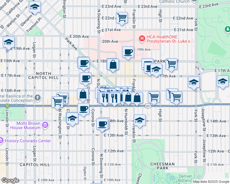 map of restaurants, bars, coffee shops, grocery stores, and more near 1555 Lafayette Street in Denver