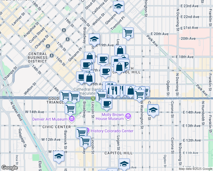 map of restaurants, bars, coffee shops, grocery stores, and more near 1540 Grant Street in Denver