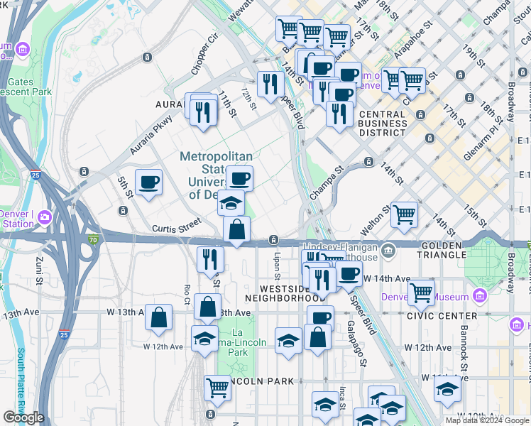 map of restaurants, bars, coffee shops, grocery stores, and more near 930 9th Street Park in Denver