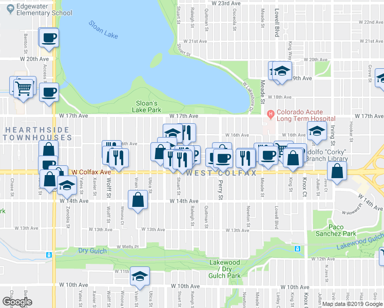 map of restaurants, bars, coffee shops, grocery stores, and more near in Denver