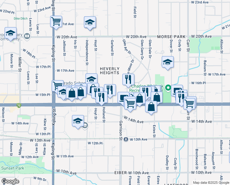 map of restaurants, bars, coffee shops, grocery stores, and more near 9201 West Colfax Avenue in Lakewood