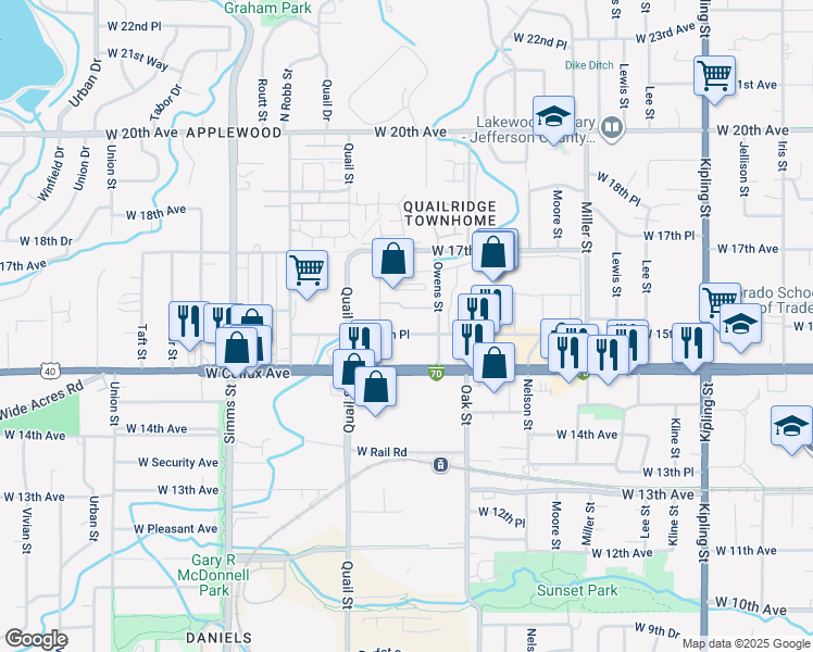 map of restaurants, bars, coffee shops, grocery stores, and more near 10909 West Colfax Avenue in Lakewood