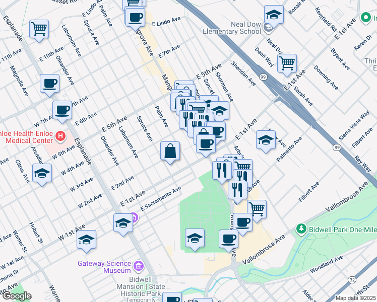 map of restaurants, bars, coffee shops, grocery stores, and more near 560 East 1st Avenue in Chico