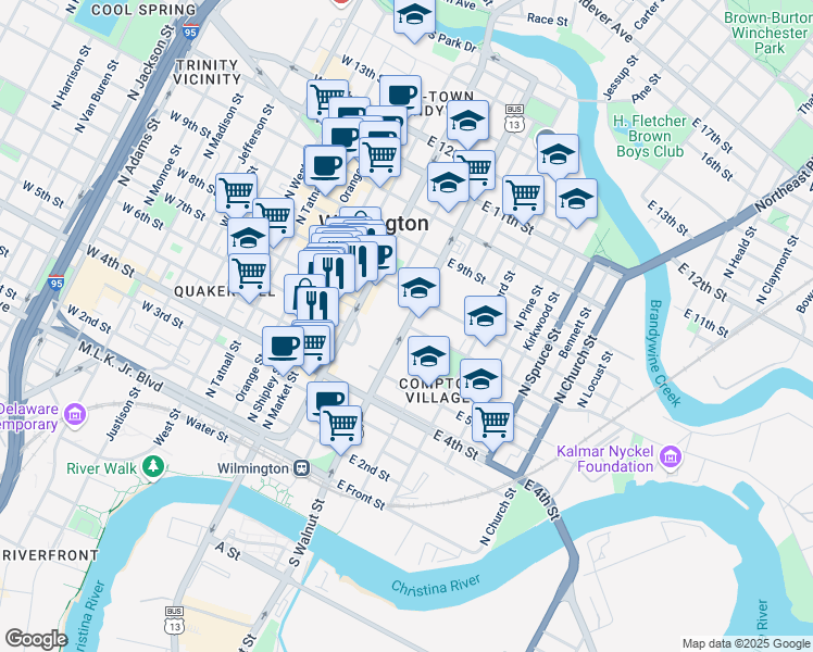 map of restaurants, bars, coffee shops, grocery stores, and more near 504 North Walnut Street in Wilmington