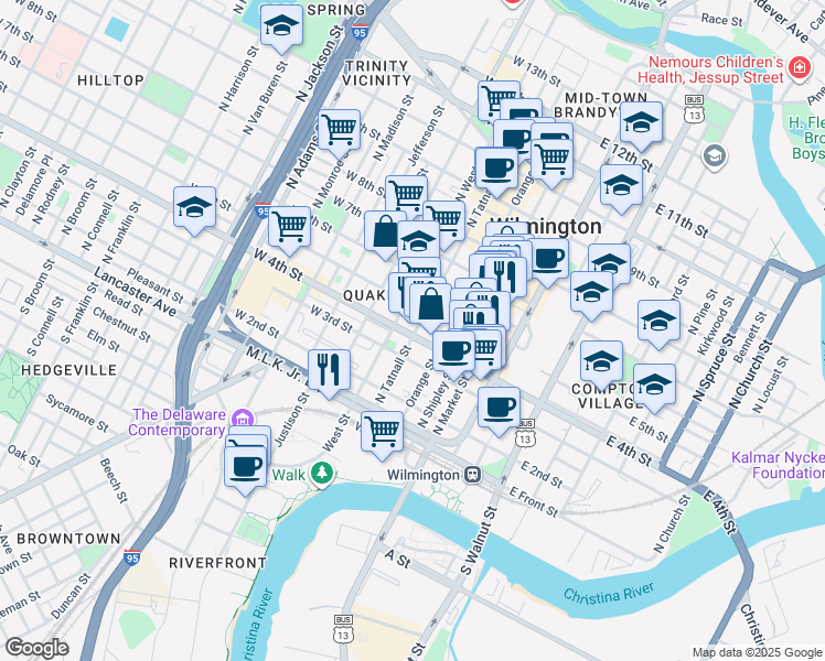 map of restaurants, bars, coffee shops, grocery stores, and more near 317 North Orange Street in Wilmington