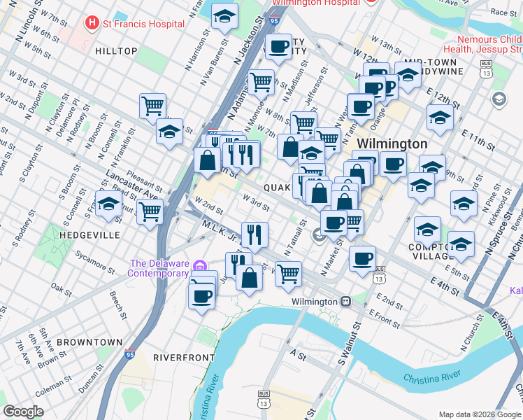 map of restaurants, bars, coffee shops, grocery stores, and more near 513 Lafayette Boulevard in Wilmington