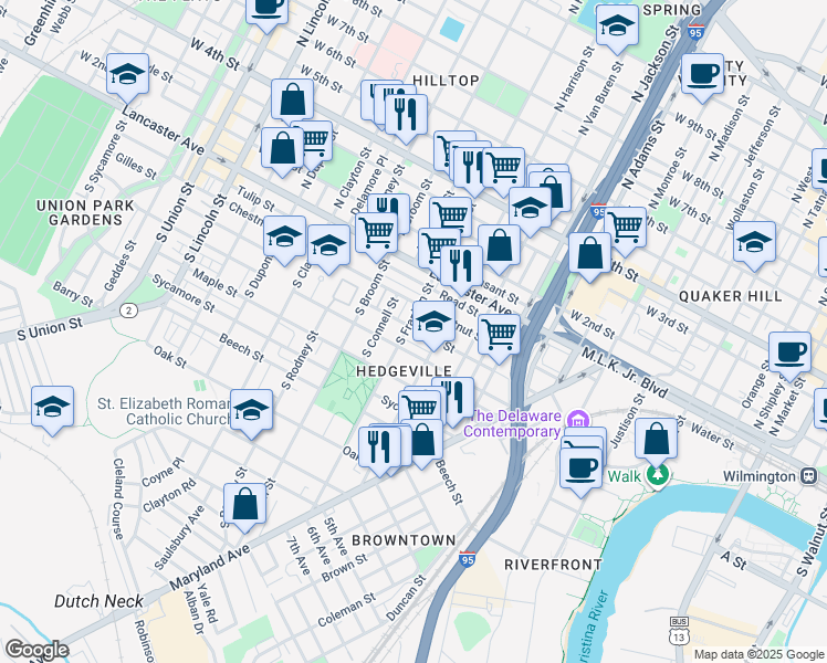 map of restaurants, bars, coffee shops, grocery stores, and more near 1237 Linden Street in Wilmington
