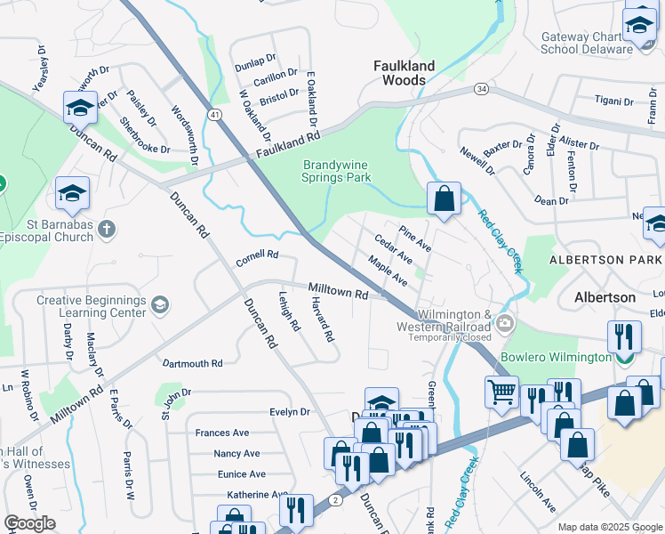 map of restaurants, bars, coffee shops, grocery stores, and more near 23 Milltown Road in Wilmington