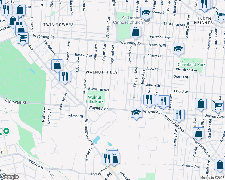 map of restaurants, bars, coffee shops, grocery stores, and more near 1615 Clarence Street in Dayton