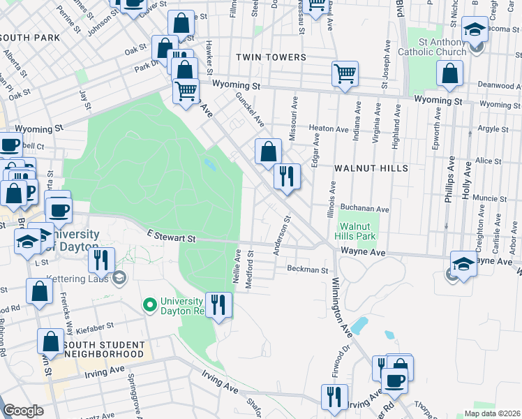 map of restaurants, bars, coffee shops, grocery stores, and more near 153 Medford Street in Dayton