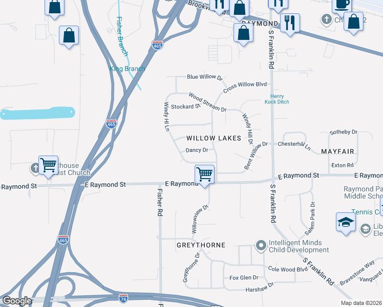 map of restaurants, bars, coffee shops, grocery stores, and more near 7632 Windy Hill Way in Indianapolis