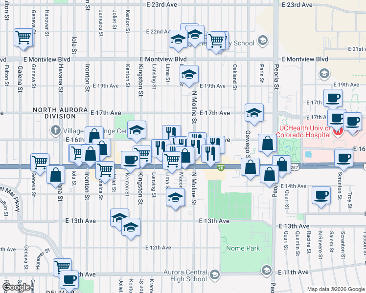 map of restaurants, bars, coffee shops, grocery stores, and more near 1578 Macon Street in Aurora