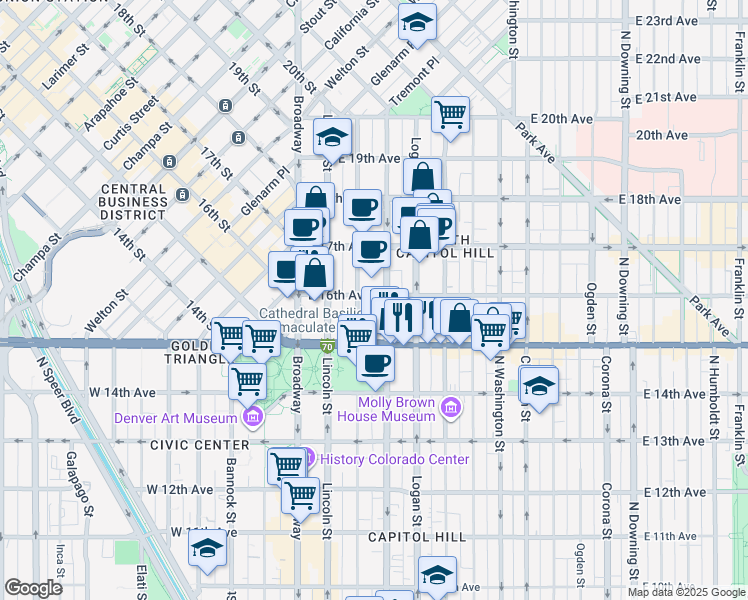 map of restaurants, bars, coffee shops, grocery stores, and more near 1535 Grant Street in Denver