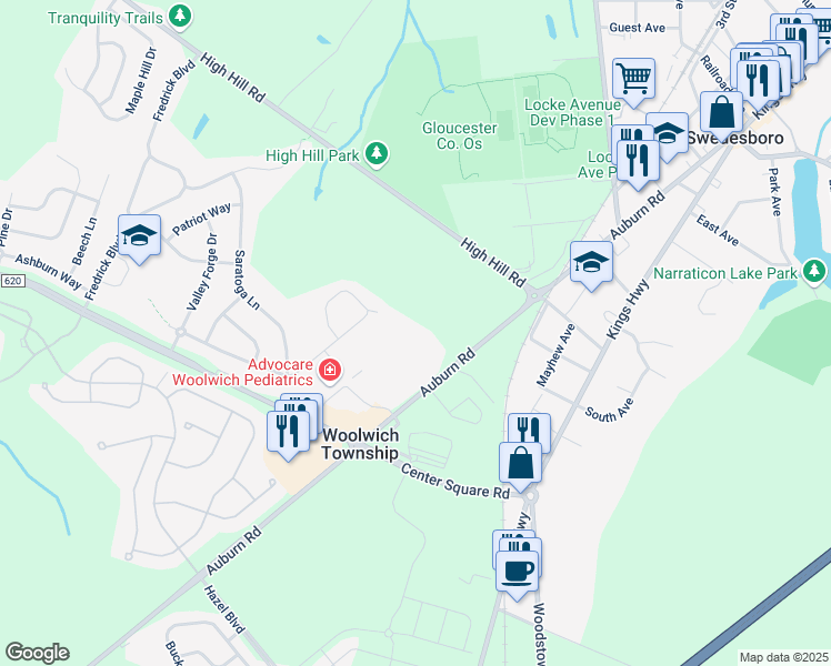 map of restaurants, bars, coffee shops, grocery stores, and more near 2100 Lexington Road in Woolwich Township