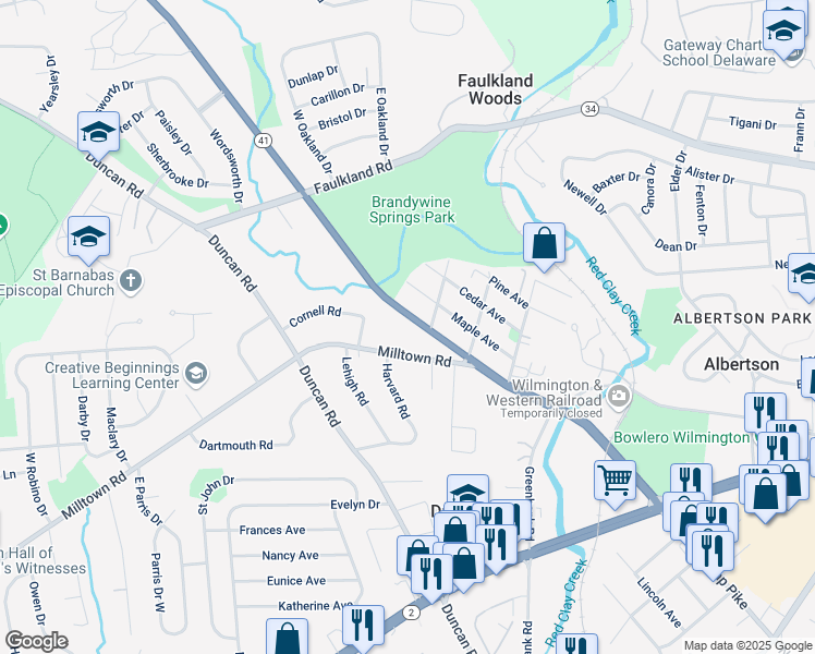 map of restaurants, bars, coffee shops, grocery stores, and more near 2606 Newport Gap Pike in Wilmington
