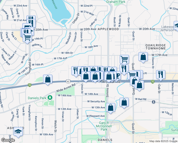 map of restaurants, bars, coffee shops, grocery stores, and more near 1582 Taft Street in Denver