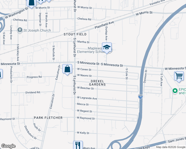 map of restaurants, bars, coffee shops, grocery stores, and more near in Indianapolis