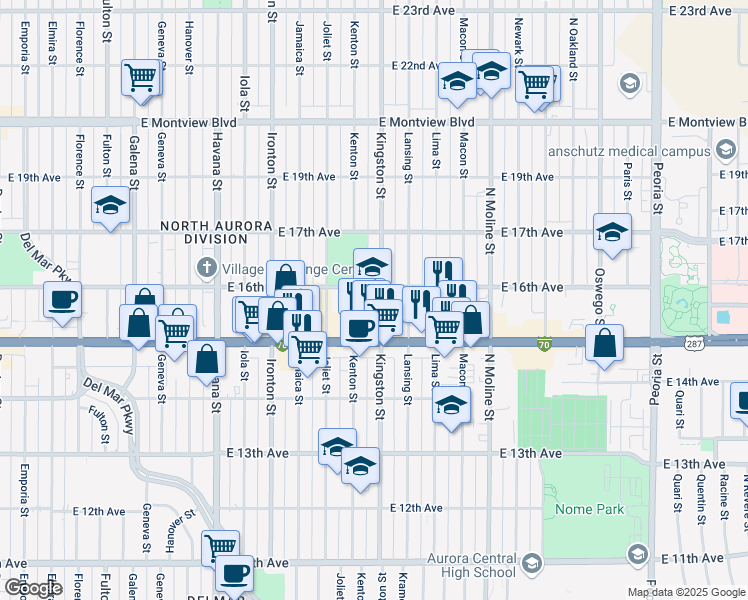 map of restaurants, bars, coffee shops, grocery stores, and more near 1585 Kingston Street in Aurora
