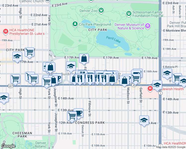 map of restaurants, bars, coffee shops, grocery stores, and more near 1550 Milwaukee Street in Denver