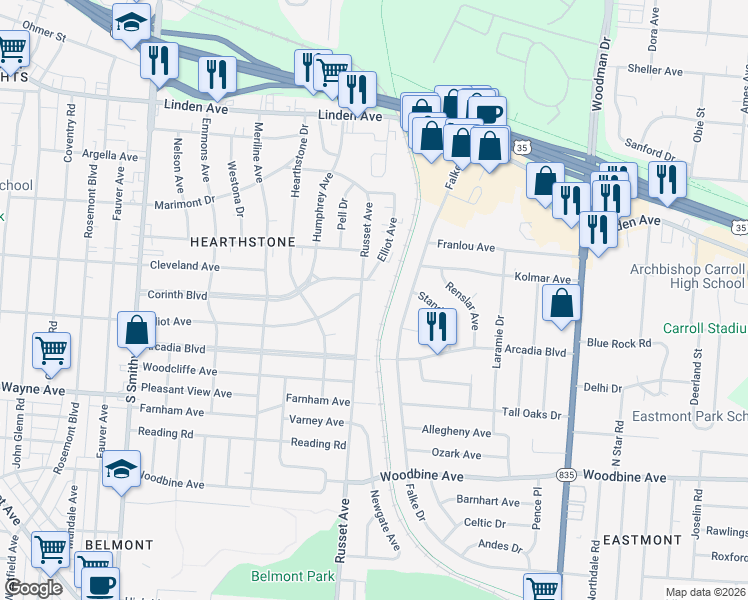 map of restaurants, bars, coffee shops, grocery stores, and more near 1834 Russet Avenue in Dayton