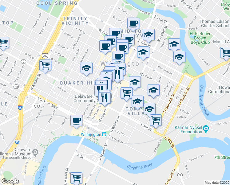 map of restaurants, bars, coffee shops, grocery stores, and more near N King St & E 6th St in Wilmington