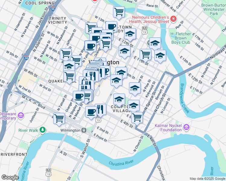map of restaurants, bars, coffee shops, grocery stores, and more near 105 East 7th Street in Wilmington