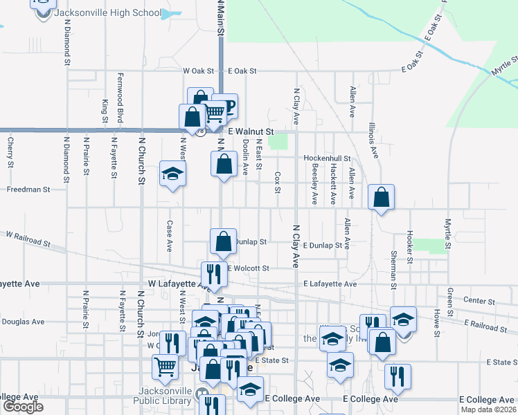 map of restaurants, bars, coffee shops, grocery stores, and more near 800 North East Street in Jacksonville