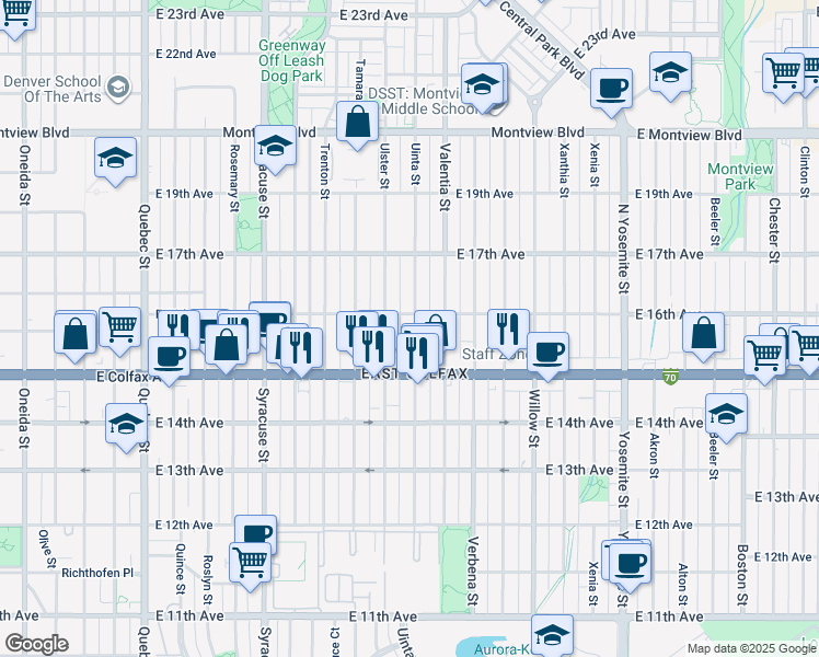 map of restaurants, bars, coffee shops, grocery stores, and more near 1565 Uinta Street in Denver
