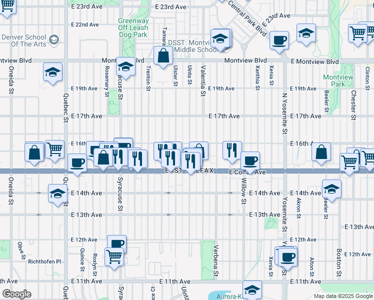 map of restaurants, bars, coffee shops, grocery stores, and more near 1565 Uinta Street in Denver