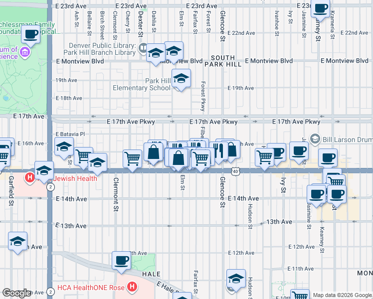 map of restaurants, bars, coffee shops, grocery stores, and more near 1544 Elm Street in Denver