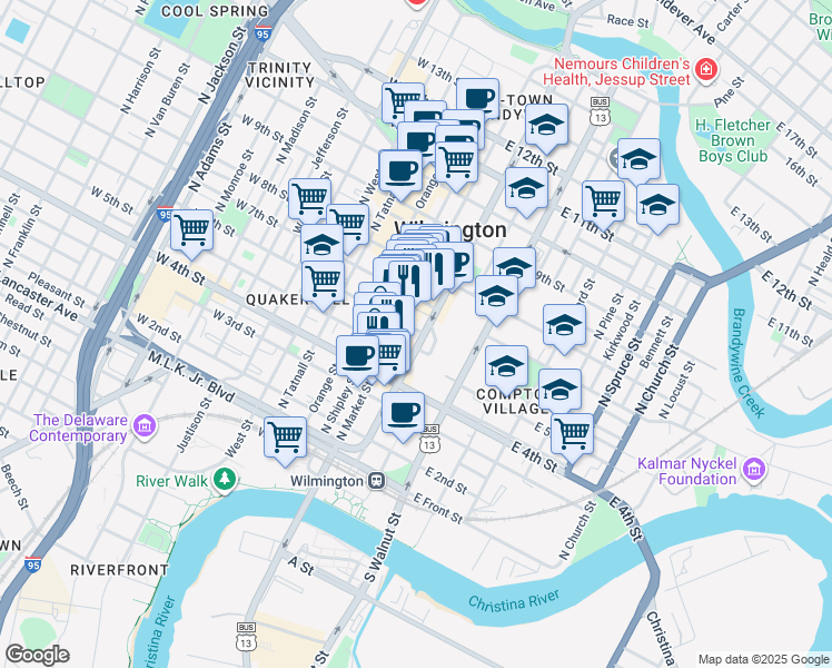 map of restaurants, bars, coffee shops, grocery stores, and more near 521 North King Street in Wilmington