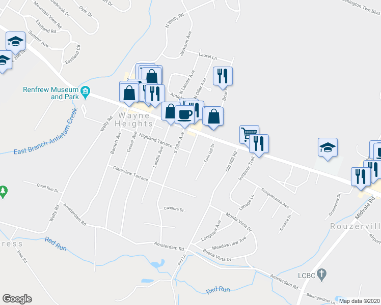 map of restaurants, bars, coffee shops, grocery stores, and more near 1899 Highland Terrace in Waynesboro