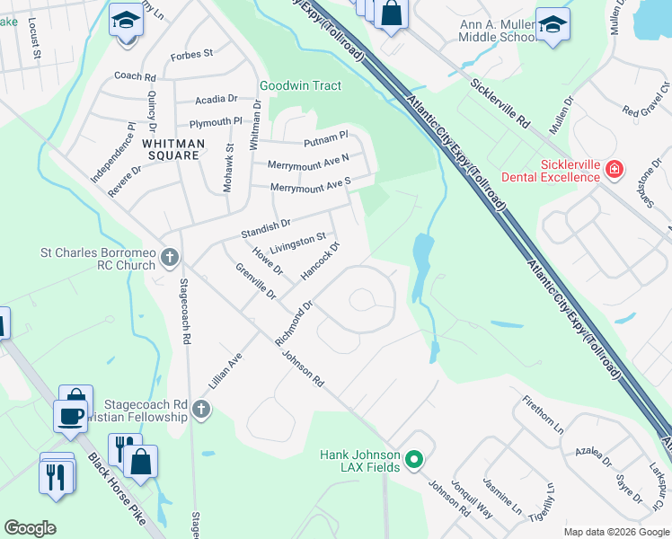 map of restaurants, bars, coffee shops, grocery stores, and more near 830 Richmond Drive in Sicklerville