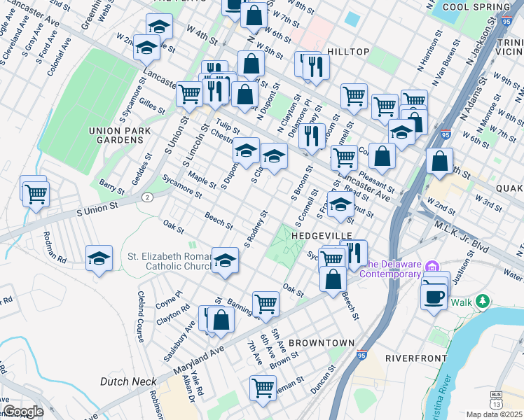 map of restaurants, bars, coffee shops, grocery stores, and more near 1400 Maple Street in Wilmington
