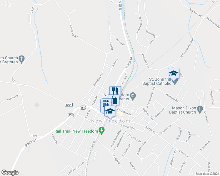 map of restaurants, bars, coffee shops, grocery stores, and more near 103-105 West Penn Street in New Freedom
