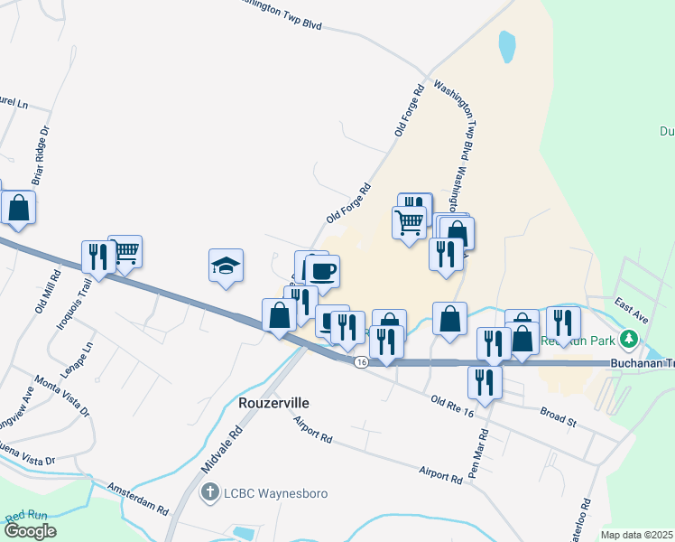 map of restaurants, bars, coffee shops, grocery stores, and more near 12945 Washington Township Boulevard in Waynesboro