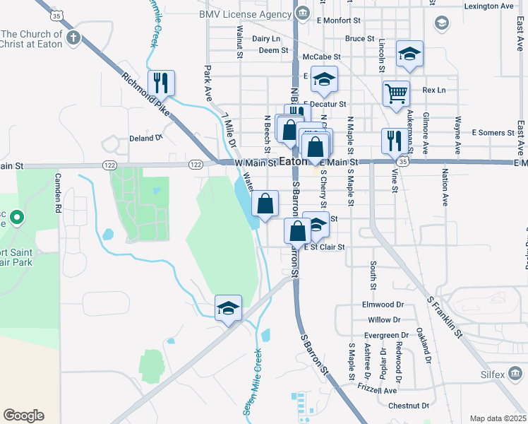 map of restaurants, bars, coffee shops, grocery stores, and more near 315 South Beech Street in Eaton
