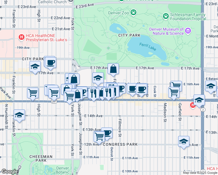 map of restaurants, bars, coffee shops, grocery stores, and more near 1580 Detroit Street in Denver