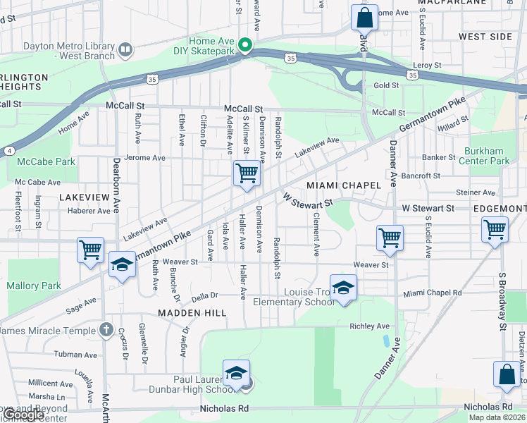 map of restaurants, bars, coffee shops, grocery stores, and more near 851 Randolph Street in Dayton