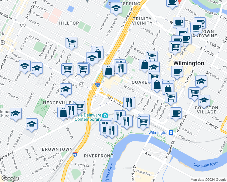 map of restaurants, bars, coffee shops, grocery stores, and more near 701 West 2nd Street in Wilmington