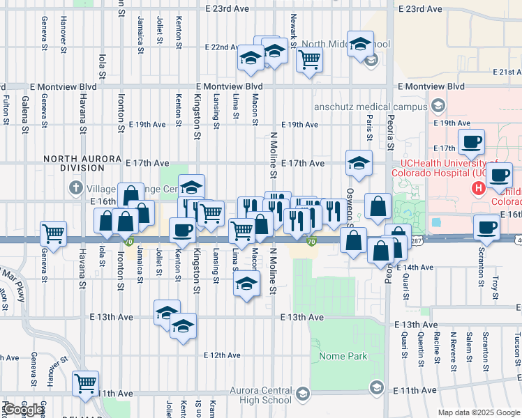map of restaurants, bars, coffee shops, grocery stores, and more near 1545 Moline Street in Aurora