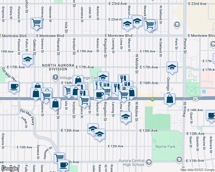 map of restaurants, bars, coffee shops, grocery stores, and more near 1585 Kingston Street in Aurora